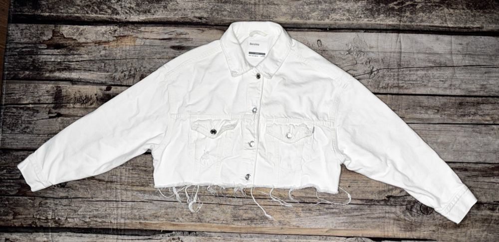 Bershka Cropped White Denim Jacket Women's Size Small